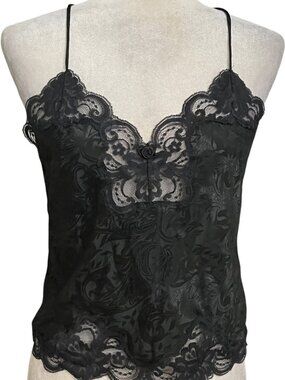 Deena Black Lace Cami Top Womens Size 34 Vintage Satin Floral Lingerie Y2K